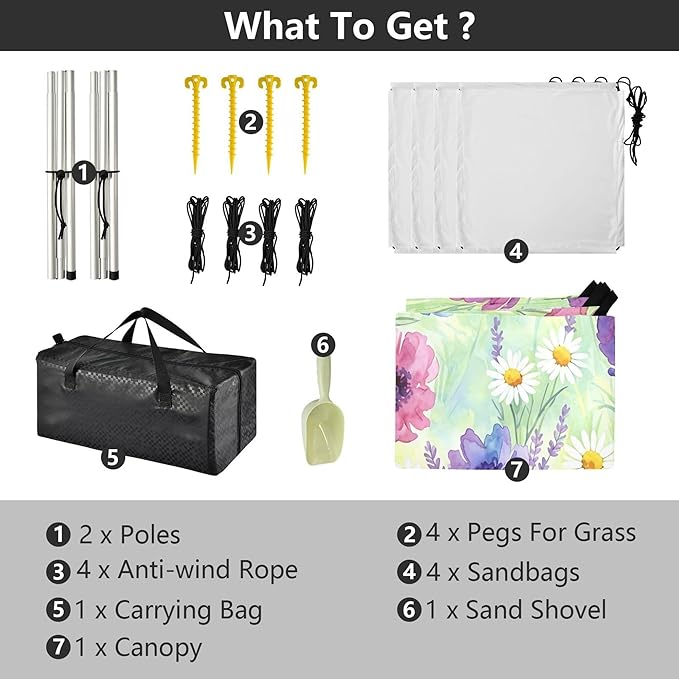 Wildflowers Beach Canopy Sun Shelter with Sandbags &amp Sand Shovel &amp Windproof Ropes - Portable 110x126 Beach Shade Beach Tent for Camping Picnics