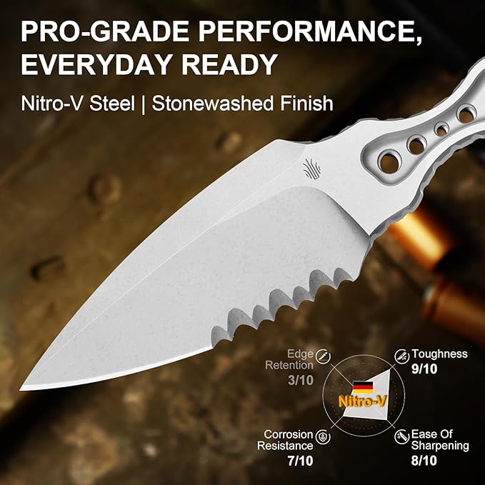 Kizer Defensor Fixed Blade Knife 2.56 Nitro-V Stonewashed Blade Skeletonized Tang Camping Knife with Sheath Portable Hunting Knives for Bushcraft Survival ZX-FB02A2