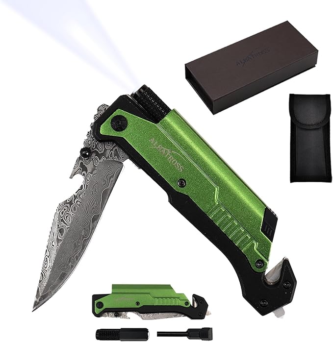 Father's Day Mother’s Day Birthday Gift for Him/Her: ALBATROSS 7-in-One Multi-Tool Pocket Knife for Men Women with LED Flashlight Fire Starter &amp Glass Breaker 3.5 Damascus Folding Survival Kn