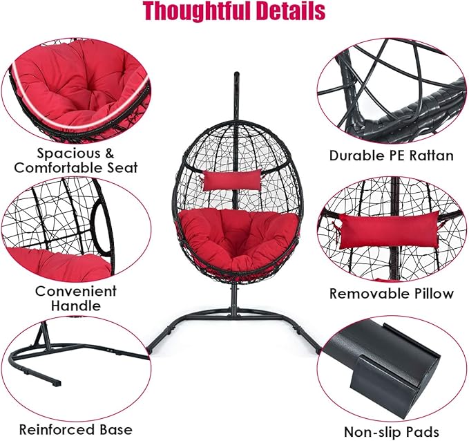 Giantex Hanging Egg Chair Swing Chair with C-Hammock Stand Set Hammock Chair with Soft Seat Cushion &amp Pillow Multifunctional Hanging Chairs for Outdoor Indoor Bedroom (Red)
