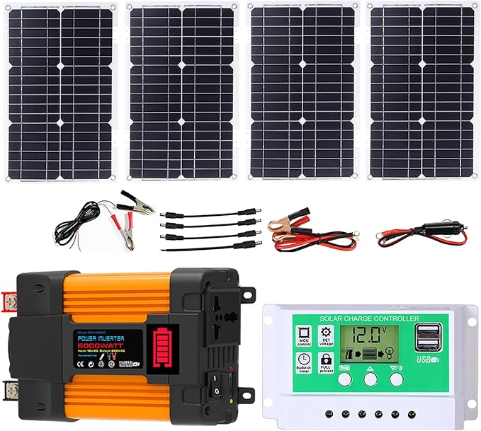 4000W 6000W Complete Solar Inverter Kit 12V to 110V 220V with 50A Controller and 100W Solar Panel for Home and Outdoor Power System(6000W12V-220V)
