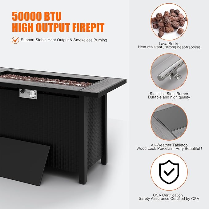 45 inch Propane Fire Pit Table 50000 BTU Outdoor Gas Fire Pit Table with Lid Waterproof Cover Rectangle Gas Firepit Table for Garden/Patio