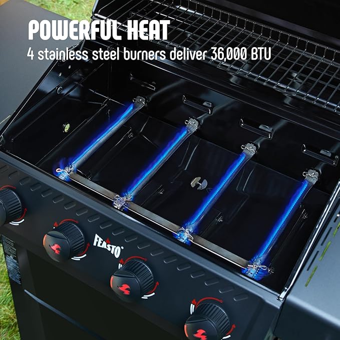 Feasto 4-Burner Propane Gas Grill 36000 BTU Outdoor Patio BBQ with Dual Side Tables Porcelain-Enameled Cookbox &amp Porcelain-Enameled Cast-Iron Grates for Deck Parties &amp Patio BBQ 559 Sq. In