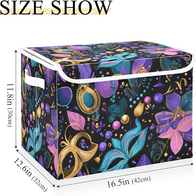Puprle Shrove Tuesday Mask Plant Storage Box with Lid 1 PC Foldable Storage Bin with Lids Stackable Storage Bins Cube Closet Organizer Basket with Flip-Top Lid &amp Handles for Shoes Books Towels