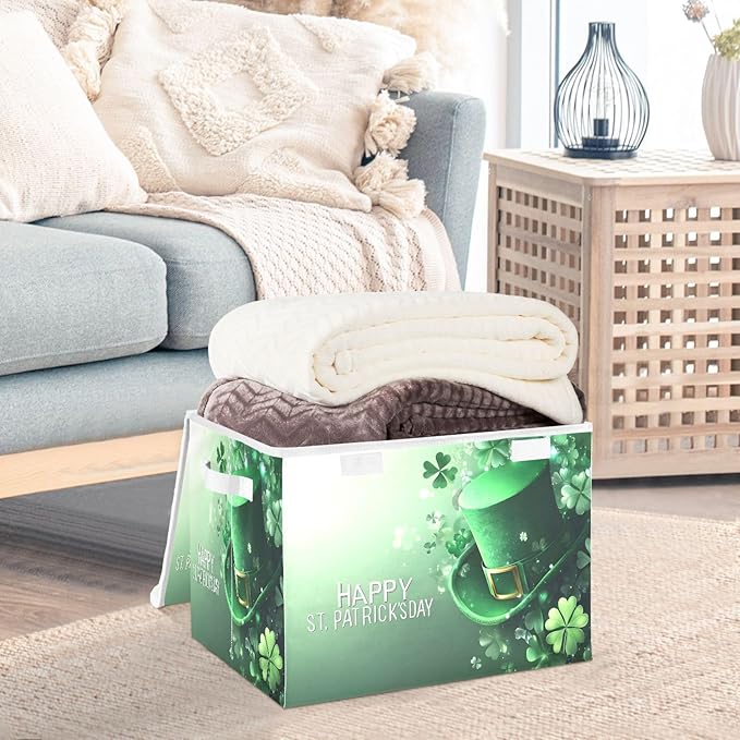 Christmas Storage Baskets with Lids St. Patrick's Day Hat Collapsible Bins Stackable Fabric Linen Baskets Closet Organizer Container 16.5x12.6x11.8