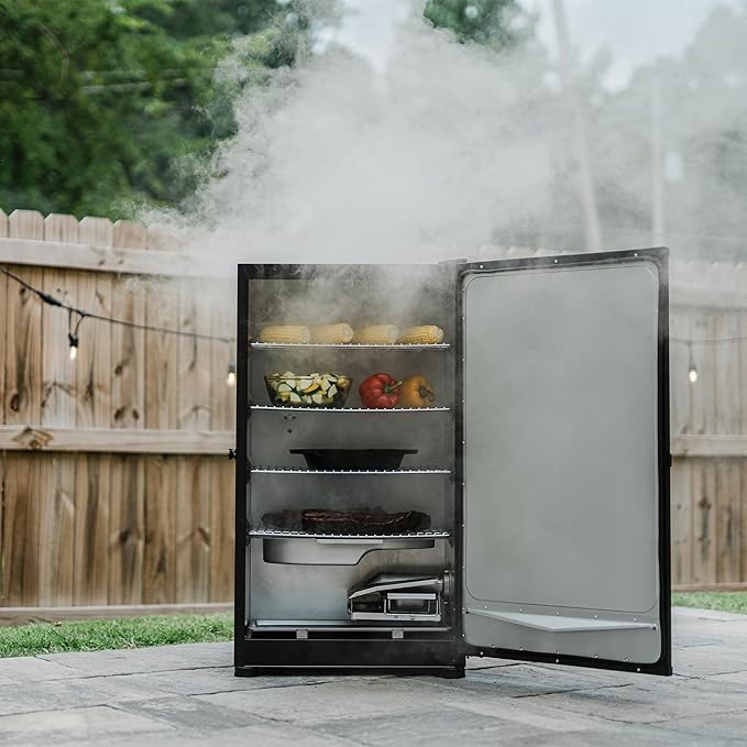 Masterbuilt® 40-inch Digital Electric Vertical BBQ Smoker with Side Wood Chip Loader Chrome Smoking Racks and 970 Cooking Square Inches in Black Model MB20072918