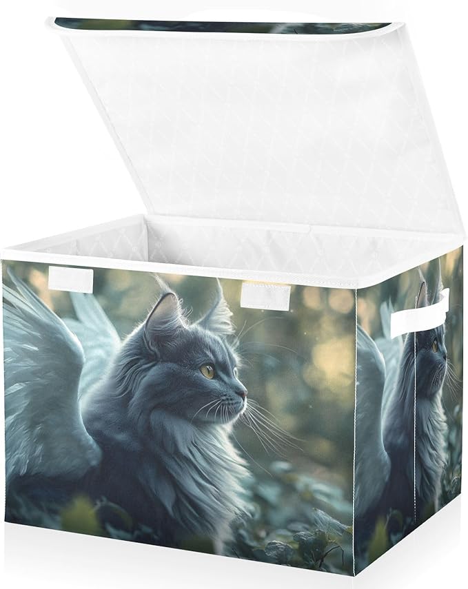 AIXIWAWA Lidded Storage Cube (Cat with Wing) Fabric Foldable Closet Bins with Flip Lid and Handles Organizer Basket Container 16.5 x 12.6 x 11.8 IN