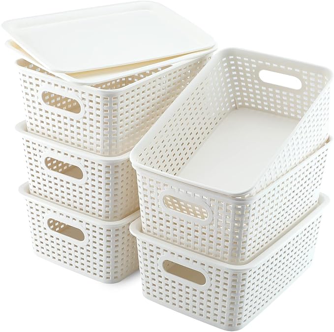 AREYZIN Plastic Storage Baskets With Lid Organizing Container Lidded Knit Storage Organizer Bins for Shelves Drawers Desktop Closet Playroom Classroom Office White 6 Pack