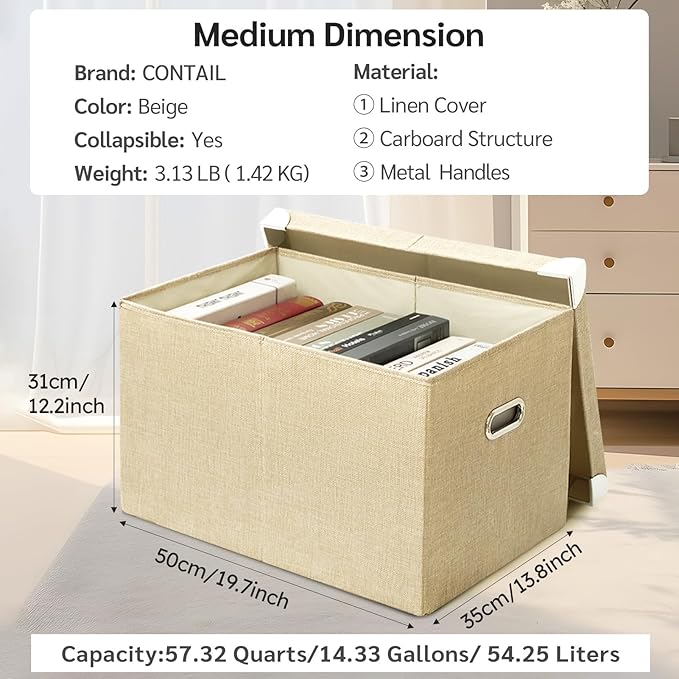 CONTAIL 19.7 58 Quart Collapsible Storage Bins with Foldable LidsStackable Linen Fabric Closet Boxes with Handle19.68”X13.77”X12.2”Khaki