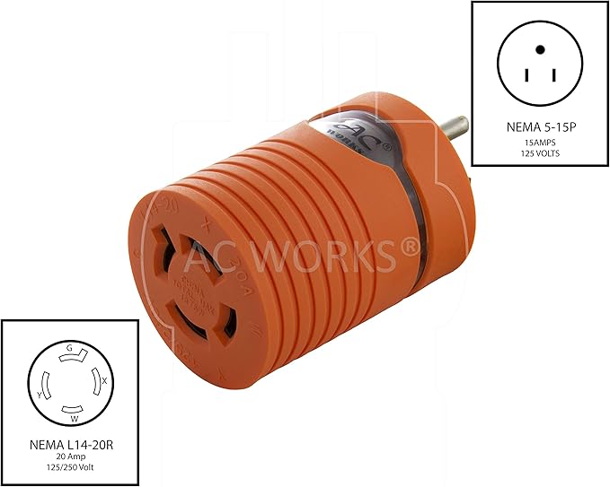 AC WORKS [AD515L1420] 15Amp Household Plug NEMA 5-15P to Generator 4 Prong 20Amp L14-20R (Two hots bridged)