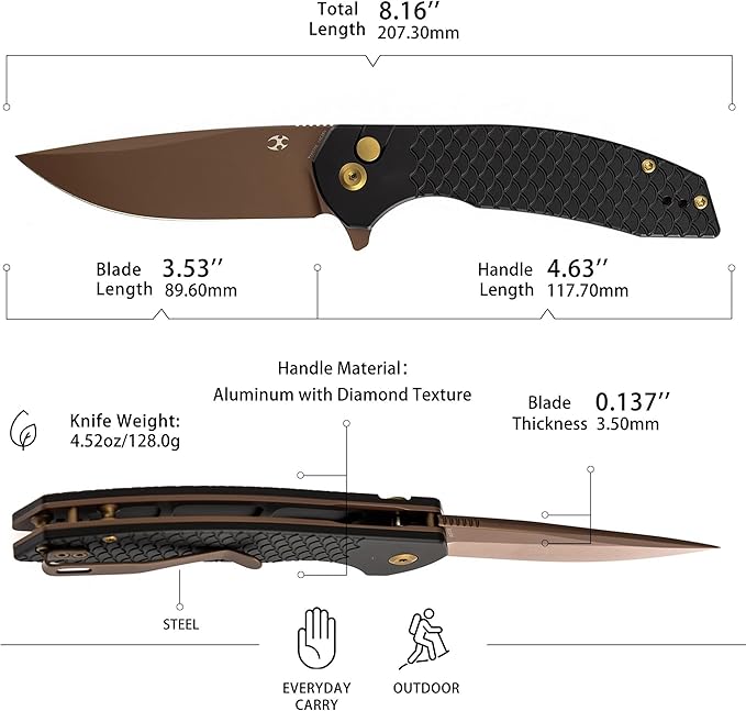 KANSEPT Accipiter Pocket Knife 3.53Rose Gold 14C28N BladeBlack Anodized Aluminum with Fish Scale Texture Handle Flipper Open &amp Button Lock Deep Clip EDC Folding Knives for Camping Hunting T10