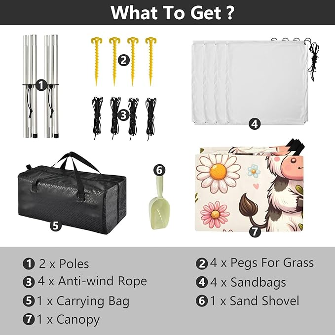 ALAZA Cute Cow Daisy Flower Beach Tent Sun Shelter UPF50+ Protection Beach Shade Canopy w/ 4 Sandbags for Outdoor Camping Fishing Backyard Fun Picnic 10x9 ft