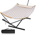 Double Hammock with Stand for Outside Quick Dry Hammock with Curved Spreader Bars Pillow and Carrying Bag 450 Lbs Capacity Light Brown Stripe