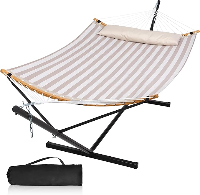 Double Hammock with Stand for Outside Quick Dry Hammock with Curved Spreader Bars Pillow and Carrying Bag 450 Lbs Capacity Light Brown Stripe