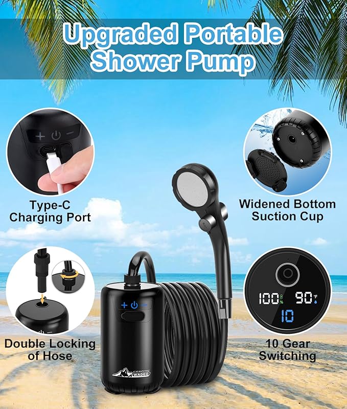 2026 Upgraded Portable Shower for Camping 8000mAh Rechargeable Camping Shower with Fahrenheit Display 10 Gear Switching IPX8 Waterproof Ideal for Outdoor Camping Travel Car Washing Pet Bathing