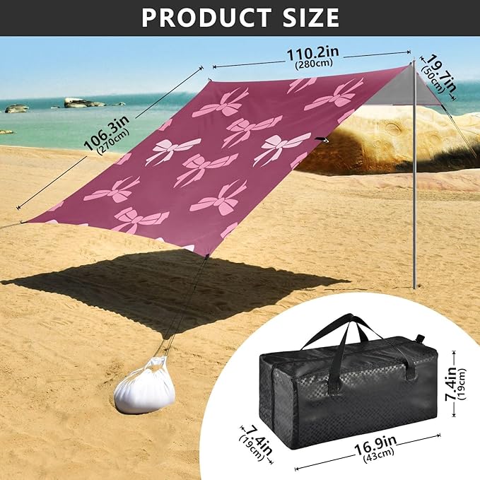ALAZA White Pink Bows Pattern Beach Tent Sun Shelter Portable Canopy Sunshade for Outdoor Camping Picnics Backyard Fun 10x9 ft