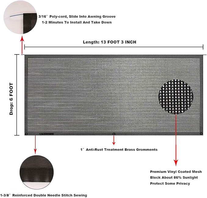 Tentproinc RV Awning Sun Shade Screen 6' X 13' 3'' (Fit for 14' Awning) Mesh Sunshade for RV Awning Sunscreen Motorhome Camping Trailer Awning Shadescreen Block UV Glare - 3 Year Warranty (Black)