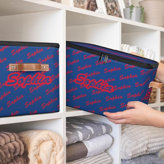 Custom Storage Bins with Zipper Lid Personalized Blue Red Fabric Lidded Storage Baskets Boxes Foldable Cubes Clothes Organizer Container
