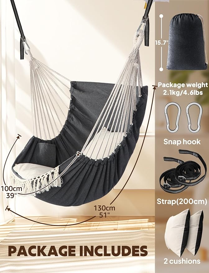 Chihee Hammock Chair Hanging Swing 2 Pillows IncludedStrong Webbing Straps and Hooks for Easy Hanging Soft Cotton Hanging Chair Side Pocket Tassel Chair Comfort Indoor Outdoor Dark Grey