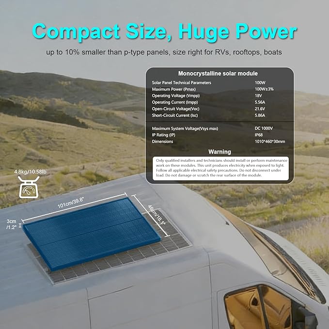 100W Solar PanelN-Type 12V 18BB 25% High-Efficiency A+ Monocrystalline Cell IP68 Waterproof Solar Panel for RV Marine Boat Trailer Camper Rooftop Farm and Other Off-Grid System (Black 100W)