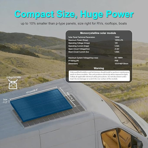 100W Solar PanelN-Type 12V 18BB 25% High-Efficiency A+ Monocrystalline Cell IP68 Waterproof Solar Panel for RV Marine Boat Trailer Camper Rooftop Farm and Other Off-Grid System (Black 100W)