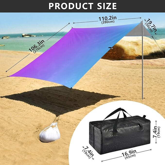 Blue Purple Gradient Beach Tent &amp Canopy UPF50+ Protection Waterproof Large Portable Sun Shelter with Sandbags and Shovel for Camping Picnics Backyard &amp Fishing