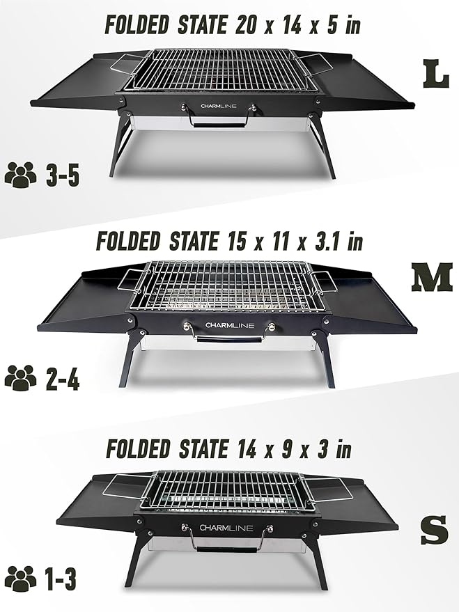 Charmline 15x11 inches Portable Charcoal Grill Compact Portable BBQ Grill Tabletop Charcoal Grills for Camping Picnics Gardens and Beach Parties Black