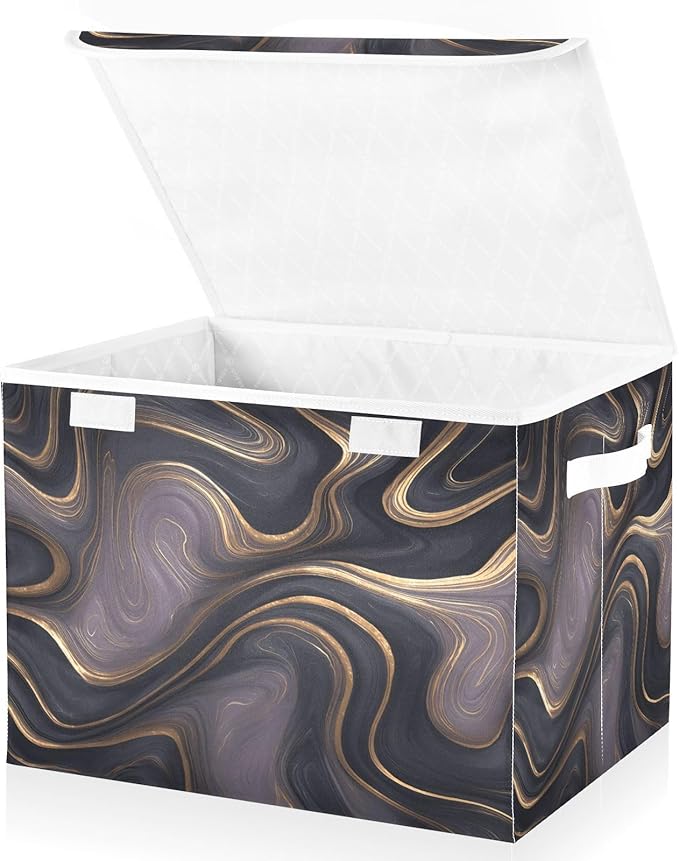 Storage Bins With Lid Stackable Fabric Closet Organizer Clothing Storage Large Boxes For Closet Shelves Bedroom Black Gold Marble