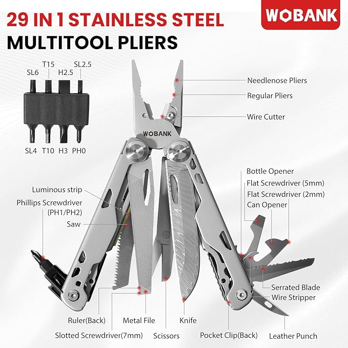 Multitool 29-in-1 Stainless Steel Multi Tool Pliers with Screwdriver Sleeve Damascus Pocket Knife Nylon Sheath for Survival Camping Hunting and Hiking