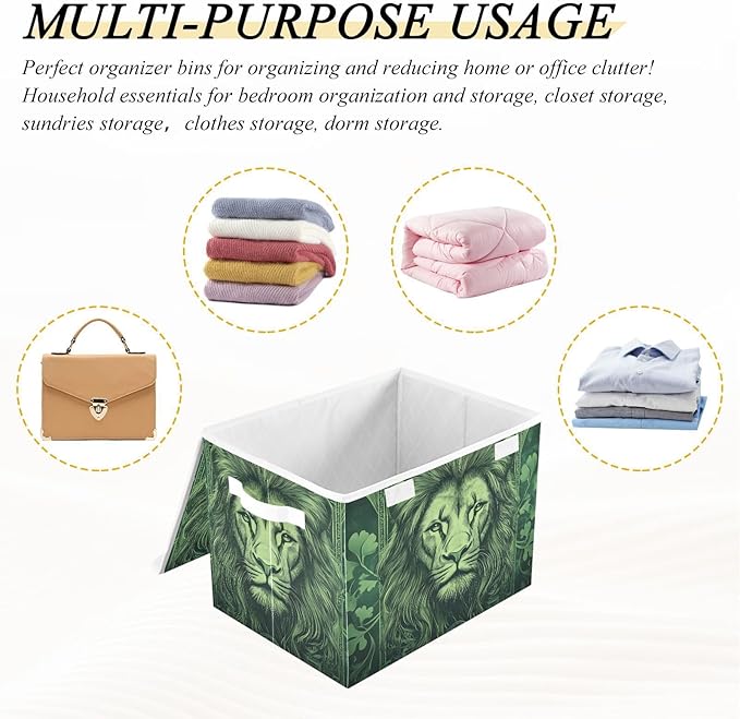 Storage Cube with Lid Green Leaves Lion Print 16.5×12.6×11.8 IN Collapsible Large Capacity Foldable Storage Basket Bin Organizer