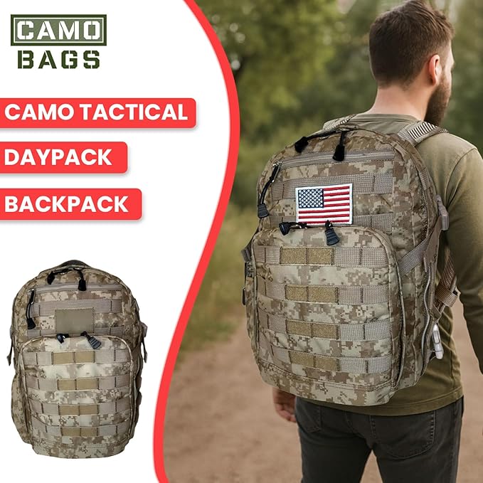 Camo Tactical Daypack Backpack - 1000D Polyester Tactical Backpack with Multi Compartments Air-Mesh Padded Back Side Compression &amp Adjustable Shoulder Straps - Travel Backpack Use for Outdoor &a
