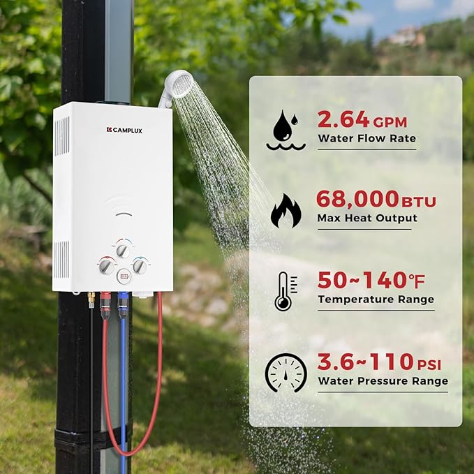 CAMPLUX Portable Propane Water Heater - 2.64GPM 3.3GPM Pump &amp Pipe Strainer 68000 BTU for Camping &amp Off-Grid Cabins