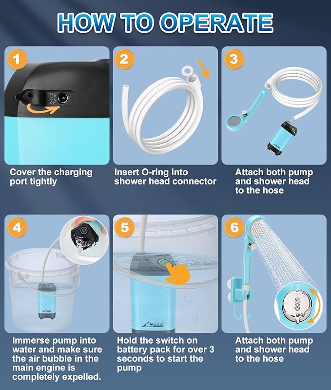 WADEO Portable Shower for Camping Outdoor Electric Shower Rechargeable Pump with 20L Collapsible Bucket Camping Shower Head Nozzle for Camping Hiking Traveling Washing