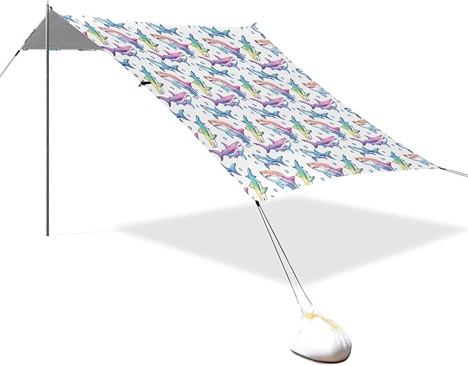 ALAZA Rainbow Color Shark Bubble Beach Tent Sun Shelter UPF50+ Protection Beach Shade Canopy w/ 4 Sandbags for Outdoor Camping Fishing Backyard Fun Picnic 10x9 ft