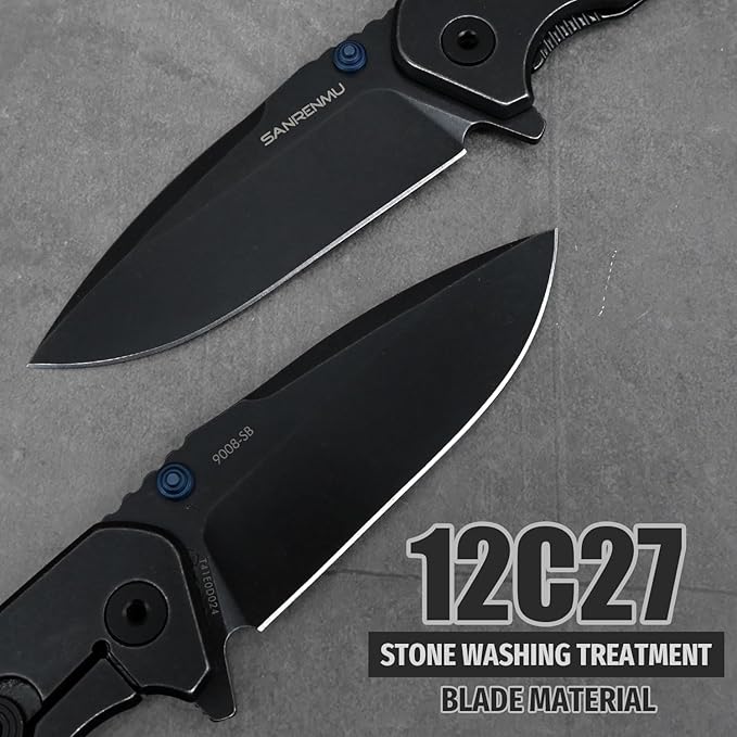 SANRENMU SRM 9008 Outdoor Folding Knife 12c27 Blade Hiking Adventure Camping Picnic Wilderness Survival Hunting Fishing EDC Portable Folding Knife (9008SB（Black）)