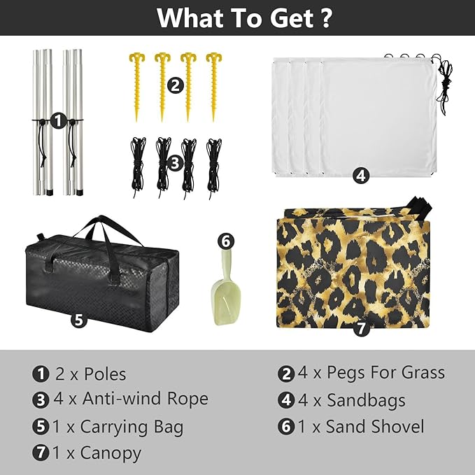 ALAZA Gold Leopard Print Cheetan Beach Tent Sun Shelter UPF50+ Protection Beach Shade Canopy w/ 4 Sandbags for Outdoor Camping Fishing Backyard Fun Picnic 10x9 ft