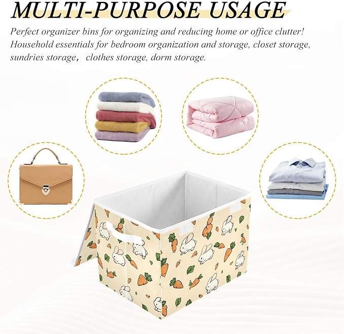 Light Yellow Rabbit Carrot Easter Storage Box with Lid 1 PC Foldable Storage Bin with Lids Stackable Storage Bins Cube Closet Organizer Basket with Flip-Top Lid &amp Handles for Shoes Books Towels
