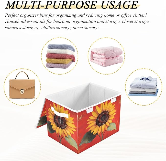 AIXIWAWA Lidded Storage Cube (Vintage Sunflower Red) Fabric Foldable Closet Bins with Flip Lid and Handles Organizer Basket Container 16.5 x 12.6 x 11.8 IN