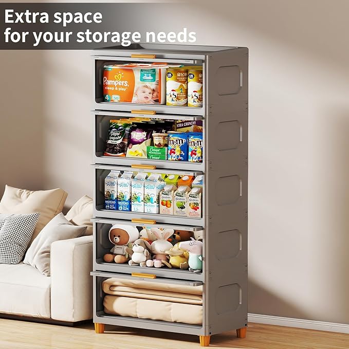 5 Tier Large Storage Bins with 1 Lid 250QT Closet Organizers and Storage Drawers Flip Open Large Plastic Storage Containers for Living Room Office Dorm (5 Tiers)