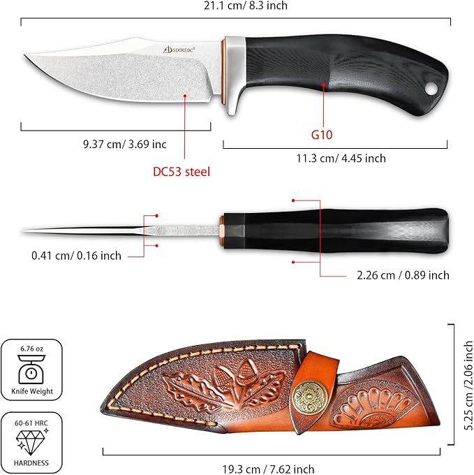 Knives DC53 Steel Fixed Blade Hunting Knife with Sheath Tactical EDC Knife for Men Outdoor Survival Camping Hiking Fishing (White Stone Wash)
