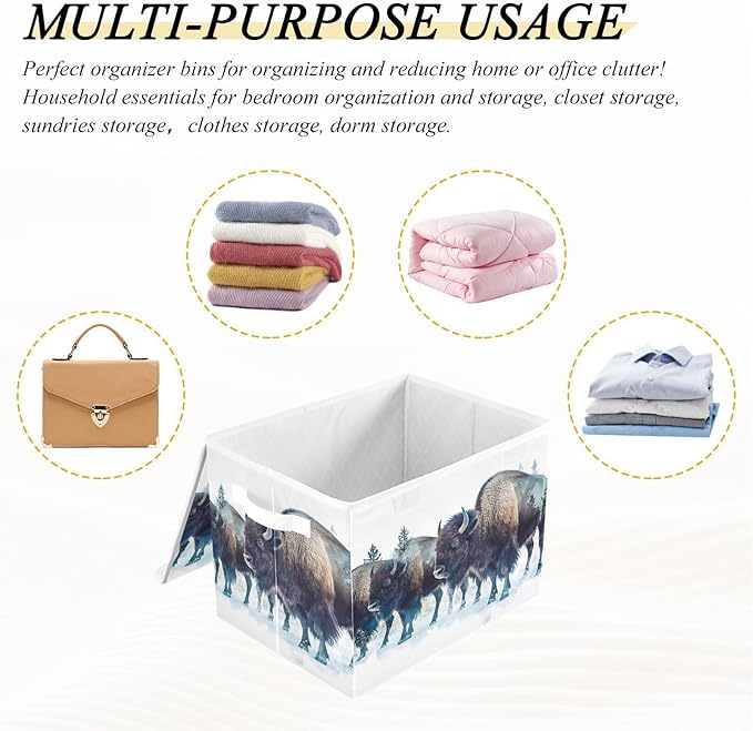 Storage Cube with Lid Winter Bisons Print 16.5×12.6×11.8 IN Collapsible Large Capacity Foldable Storage Basket Bin Organizer