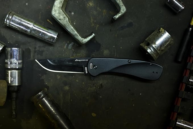 OUTDOOR EDGE RAZOR VX1 Black with 9 Black Drop Point Blades &amp 1 Serrated Blade - Replaceable Blade EDC Folding Pocket Knife - 3 Stainless Blade Black Anodized Aluminum Handle Reversible Pocket