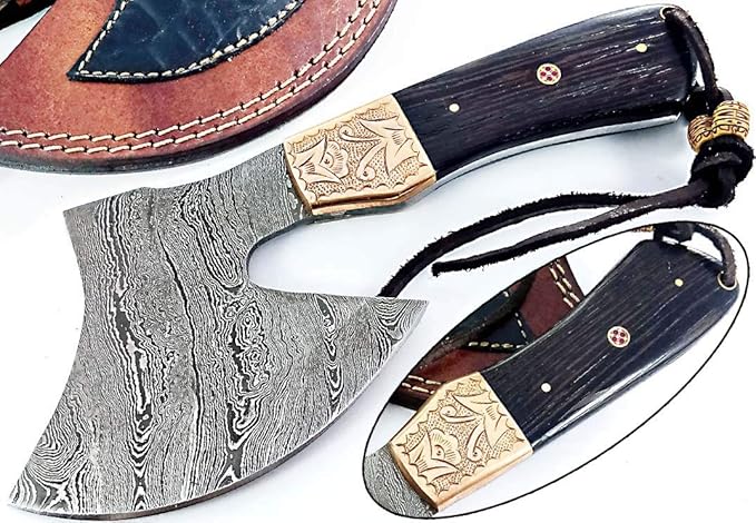 Dessi Handmade Damascus Steel Axe Hatchet Wenge Wood Handle Brass Engraved Bolster Leather Sheath Camping Bushcraft EDC Tomahawk Gift Men SM45