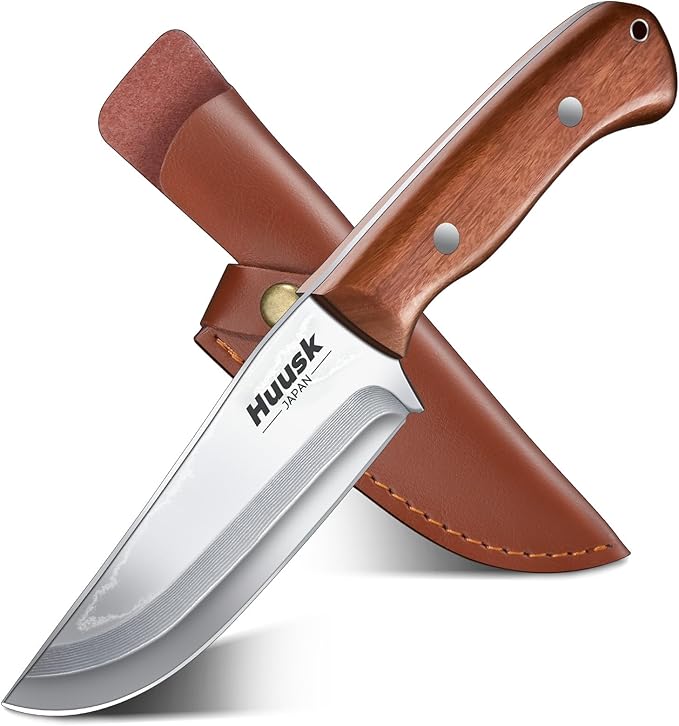 Huusk Bushcraft Knife Fixed Blade Hunting Knives with Leather Sheath 5 Survival Knife Japan Carbon Steel Full Tang Outdoor Camping Knives for Men Dad Present