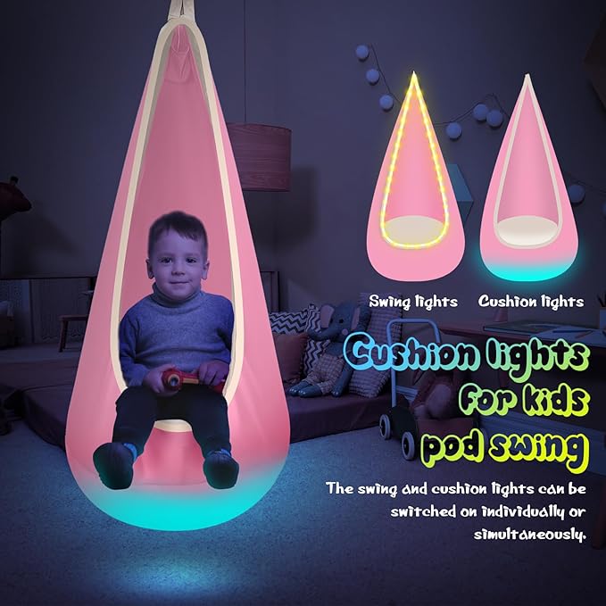 Light Up Kids Pod Swing Seat Upgraded Kids Hanging Hammock Swing with LED Lights Cotton Sensory Pod Swing Chair with Inflatable Pillow Pod Swing for Kids Indoor &amp Outdoor (Light Pink)