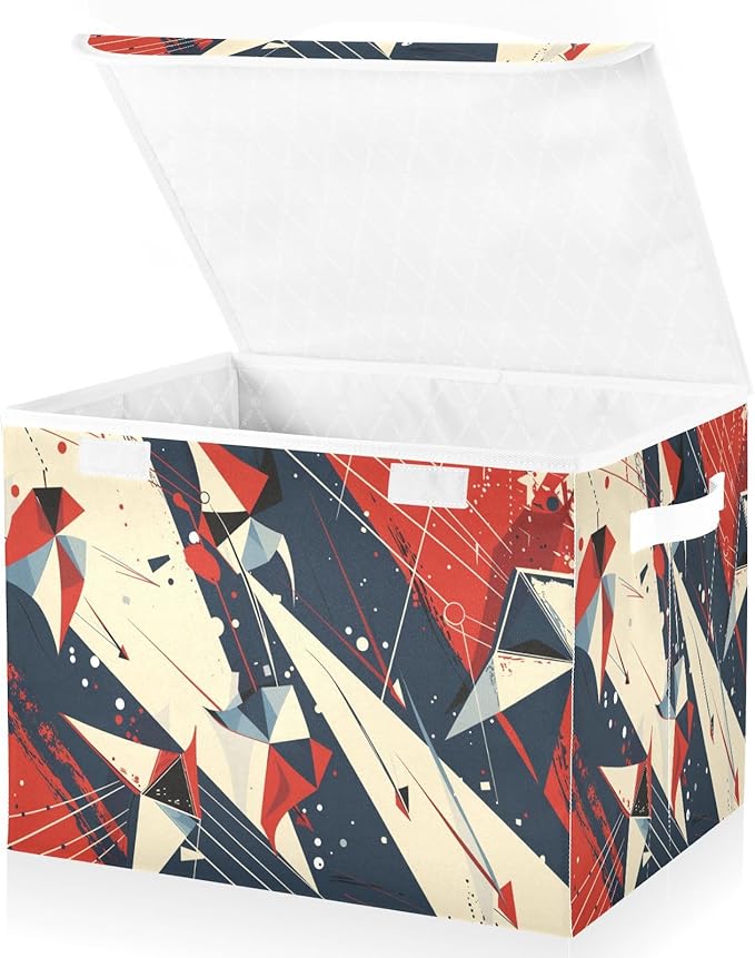 Storage Bins With Lid Stackable Fabric Closet Organizer Clothing Storage Large Boxes For Closet Shelves Bedroom Red Blue Angular Abstract