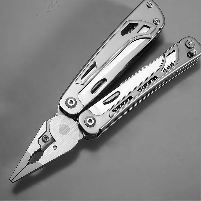 Multitool 15-in-1 Full-Size Multi-Purpose Pliers Lightweight EDC Tactical Gear With Safety Locking Camping Knives &amp Tools Mens Gifts Ideas Gifts for Hunters Men who have Everything (Silver