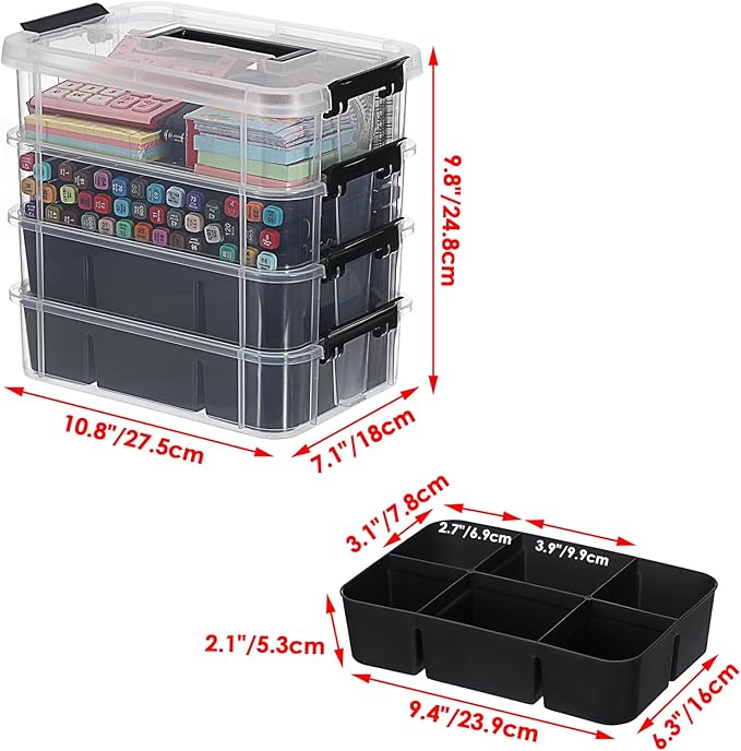 JUXYES 4-Tiers Stack Carry Storage Box With 2 Divided Tray Transparent Stackable Storage Bin With Handle Lid Latching Storage Container for School &amp Office Supplies Black