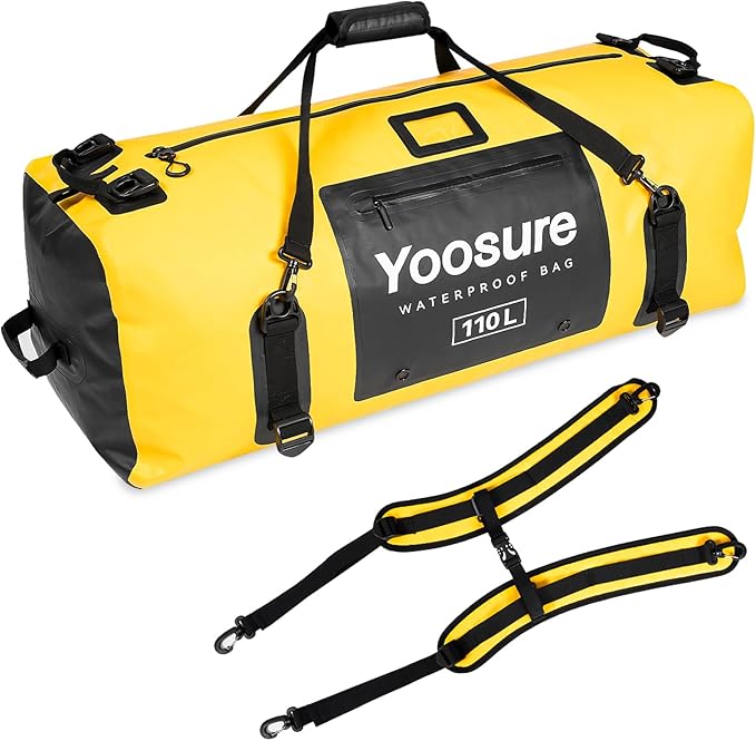 Airtight Zipper Waterproof Duffel Bag 110L- 700D PVC Dry Bag Extra Large Dry Bags with Straps&ampHandles for Camping Boating Kayaking Rafting Canoeing Gym Beach Car Roof Storage (Yellow)