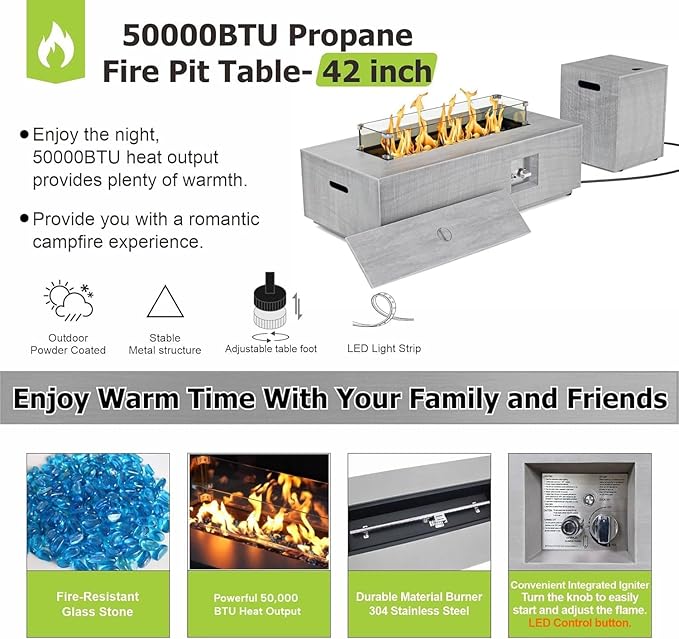 2-Piece 42 LED Rectangular Propane Fire Pit for Outside Patio with Hidden Tank Table 50000 BTU Fireplaces with Glass Wind Guard Lid Glass Rocks Cover(Light Grey w/RGB Light)